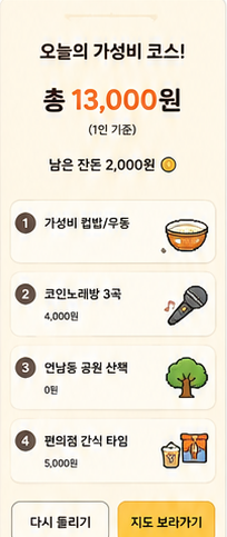 거지룰렛 결과 · 코스 요약 디자인 화면