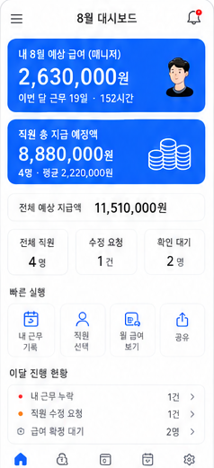 내몫 급여장부 홈 대시보드 디자인 화면